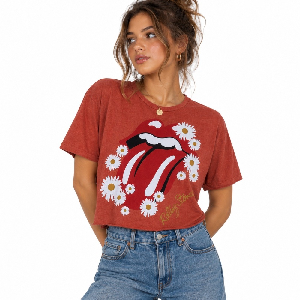 NWT Rolling Stones Daisy Floral Tongue Graphic Crop T-Shirt Orange Size Small
